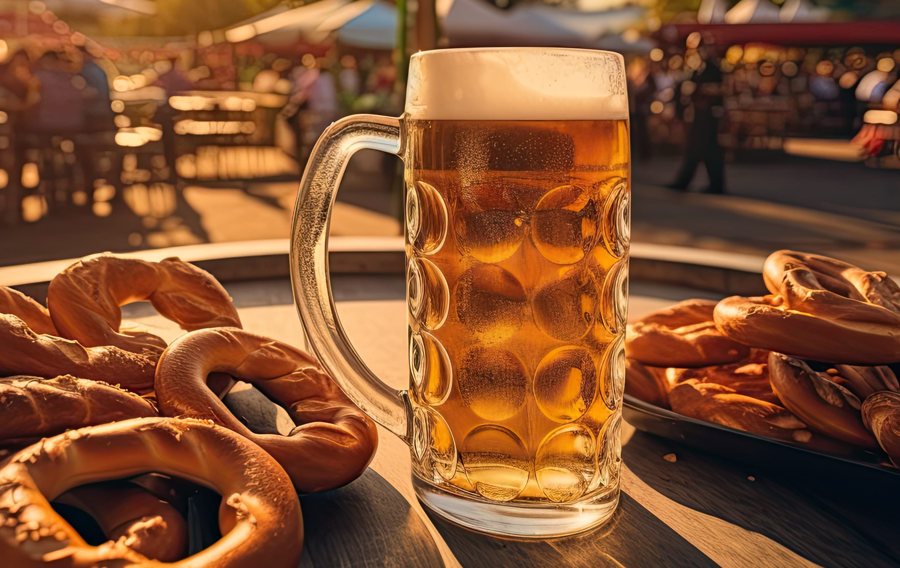 A full Maß of beer with soft pretzels